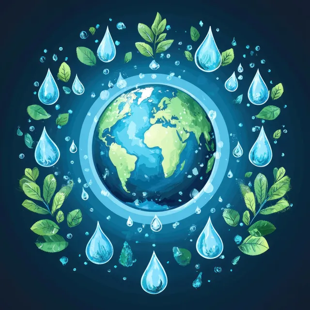 Earth encircled by water droplets and green leaves in a protective eco emblem