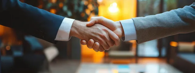 Business handshake across desk in softly lit modern office, contract documents visible