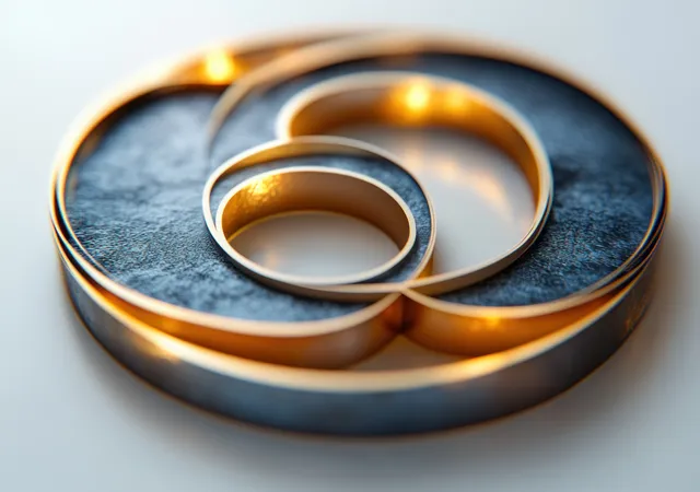 Anniversary rings in blue and gold with soft glow on dark textured background