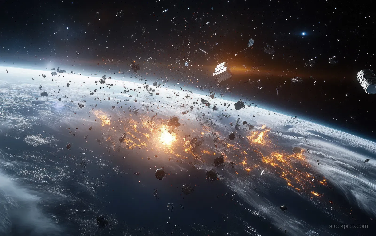 Metal debris and broken satellites orbit Earth while fiery fragments blaze across the night sky.