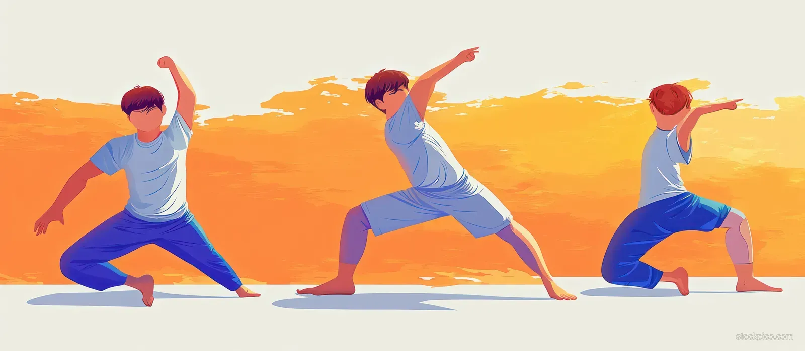 Three children practice martial arts stances and stretches, silhouetted with motion shapes on an orange abstract background.
