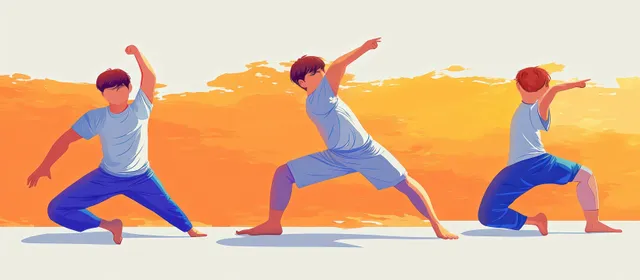 Three children practice martial arts stances and stretches, silhouetted with motion shapes on an orange abstract background.