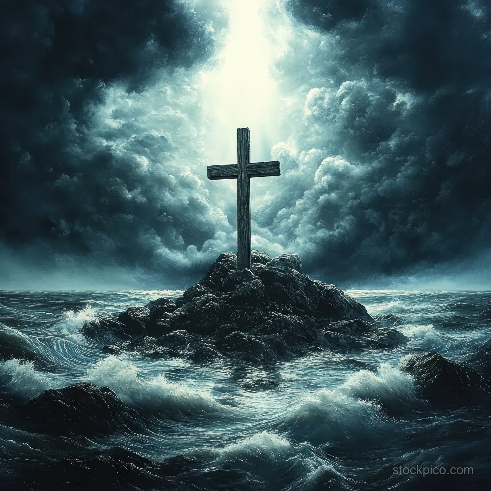 A wooden cross stands on a rocky islet surrounded by rough ocean waves under storm clouds with a light beam.