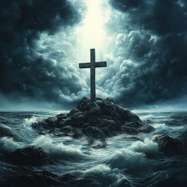 A wooden cross stands on a rocky islet surrounded by rough ocean waves under storm clouds with a light beam.