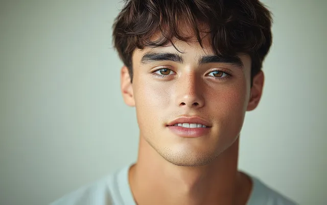 Smiling young man in a soft-lit portrait against a neutral background.