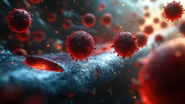 Glowing red virus particles float above a blue blood vessel surface with soft light bokeh.