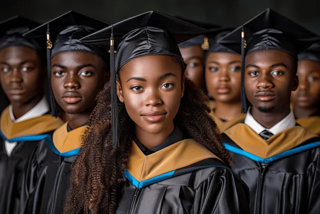 African American graduates in caps and gowns posed against a dark studio backdrop