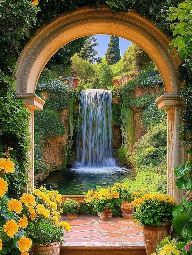 Waterfall spilling over rocks is seen through a golden arched window with lush greenery and blooming flowers.