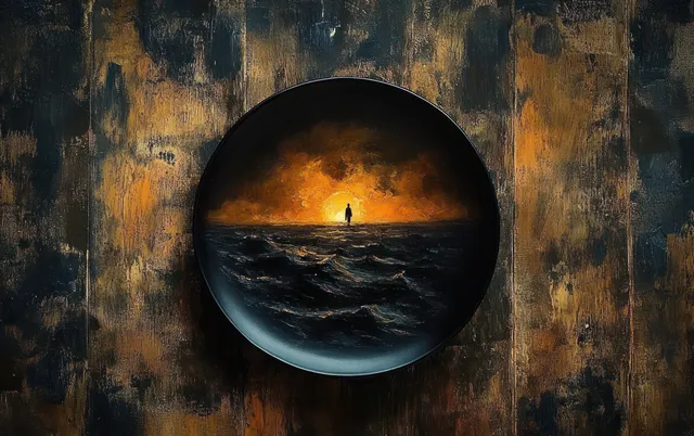 Lone silhouette standing on stormy ocean horizon inside a glowing circular frame