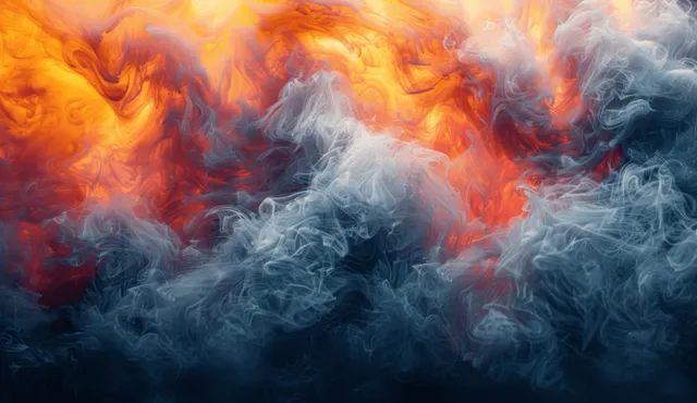 Abstract smoke and fire burst swirling with orange red flames over dark gray background