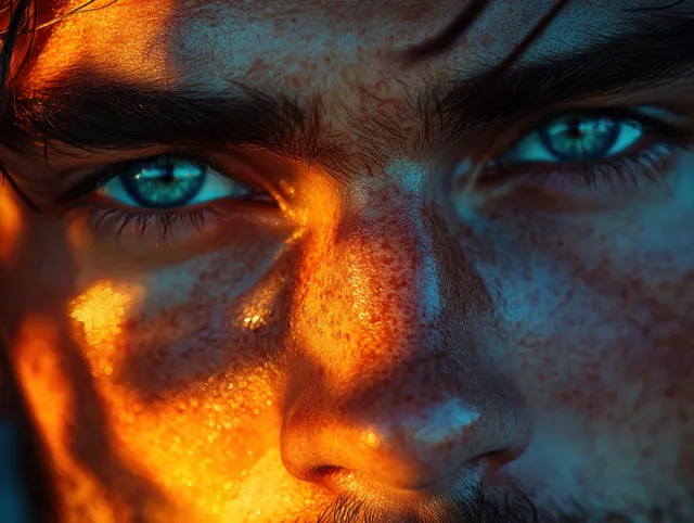A focused man wearing glasses works at a computer at night, his face lit by blue and orange light.