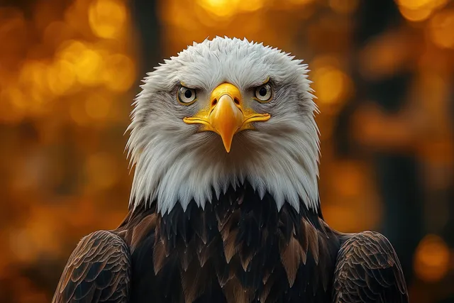 A bald eagle close-up with piercing eyes and a sharp beak against a blurred orange autumn forest background.