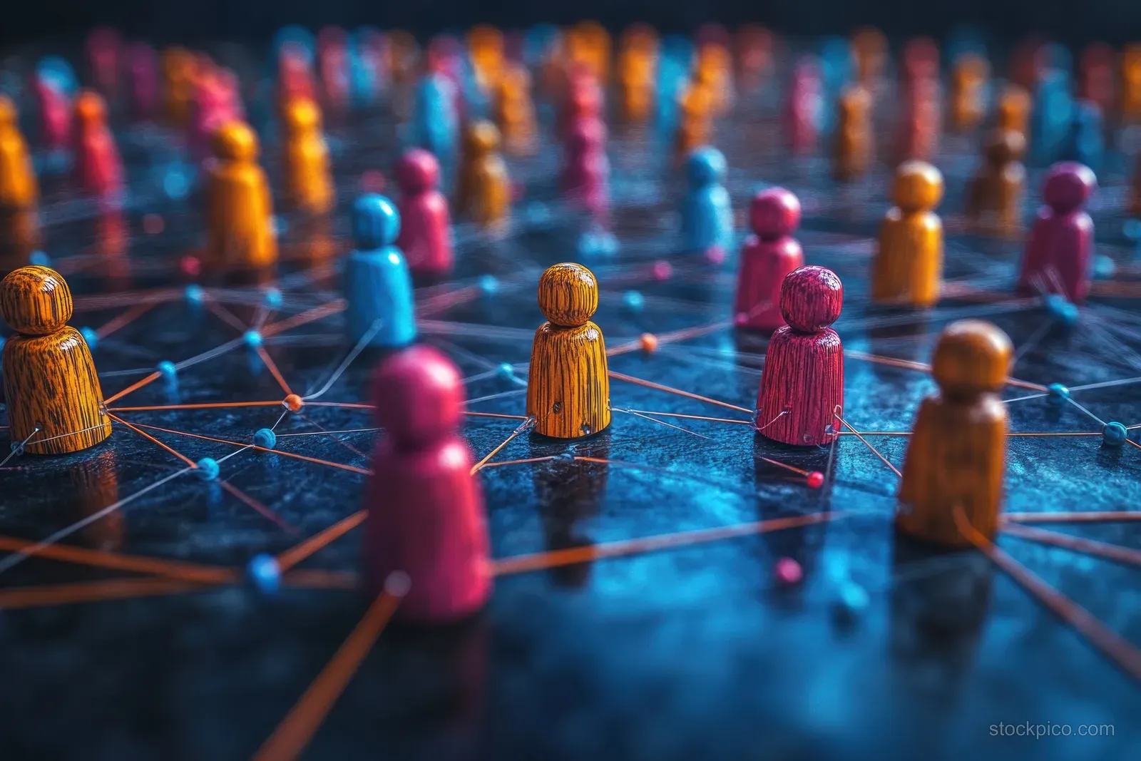 Colorful wooden people figures are connected by glowing lines across a dark surface.