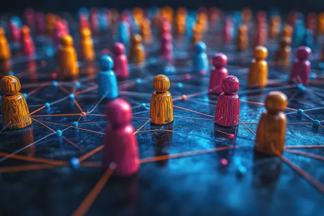 Colorful wooden people figures linked by glowing network lines on a dark desk