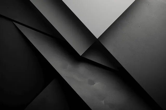 Black and white geometric 3D shapes with intersecting lines, soft gradient lighting