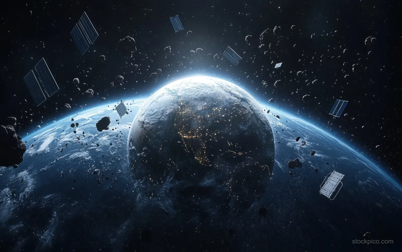 Luminous Earth in deep space surrounded by orbiting satellites and floating debris.