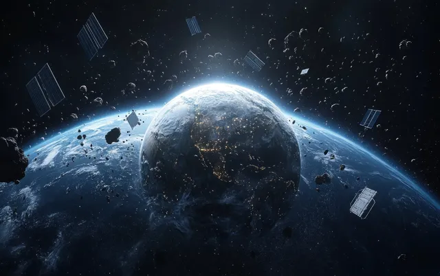 Luminous Earth in deep space surrounded by orbiting satellites and floating debris.