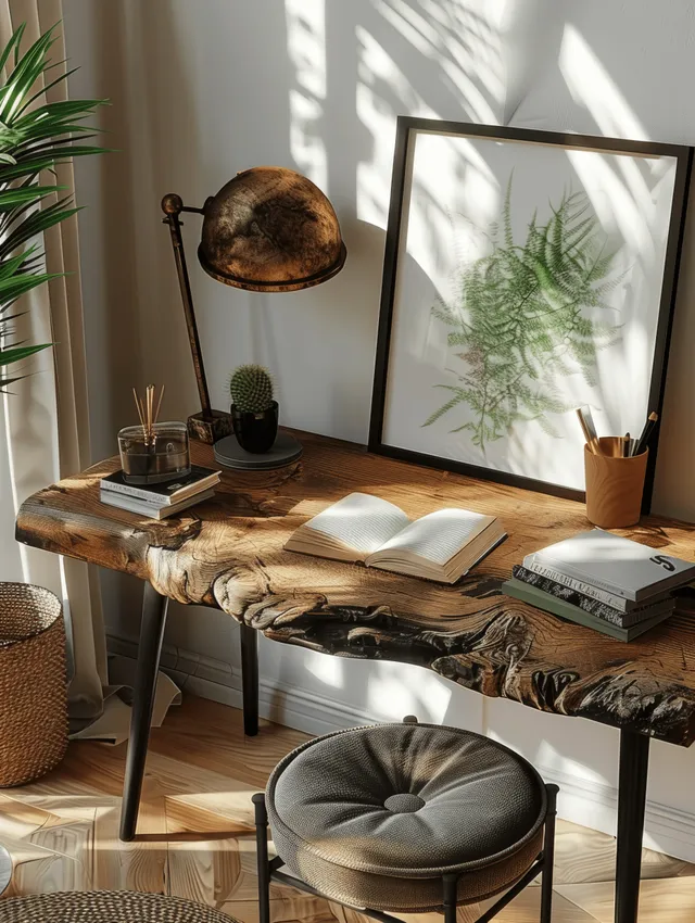 Rustic wooden desk in boho room with black frame poster, books, lamp, and tropical plant in daylight.