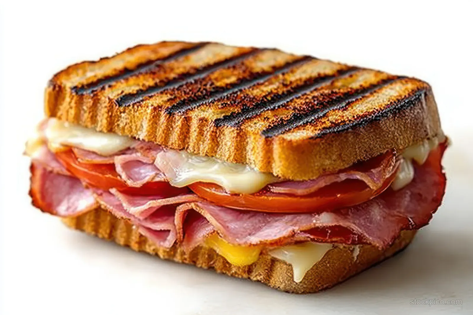 A grilled ham and melted cheese sandwich with tomato slices on toasted bread, showing char grill marks.