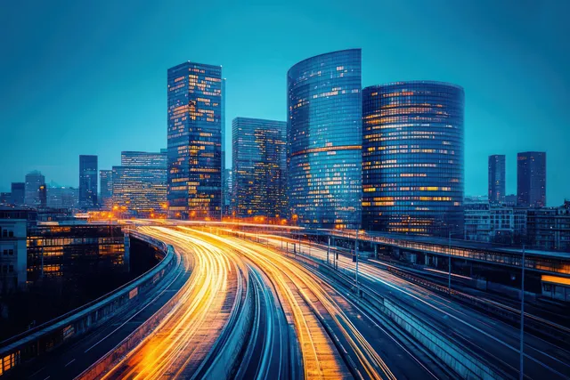 Curved highway at night with bright car light trails in front of modern glass skyscrapers.