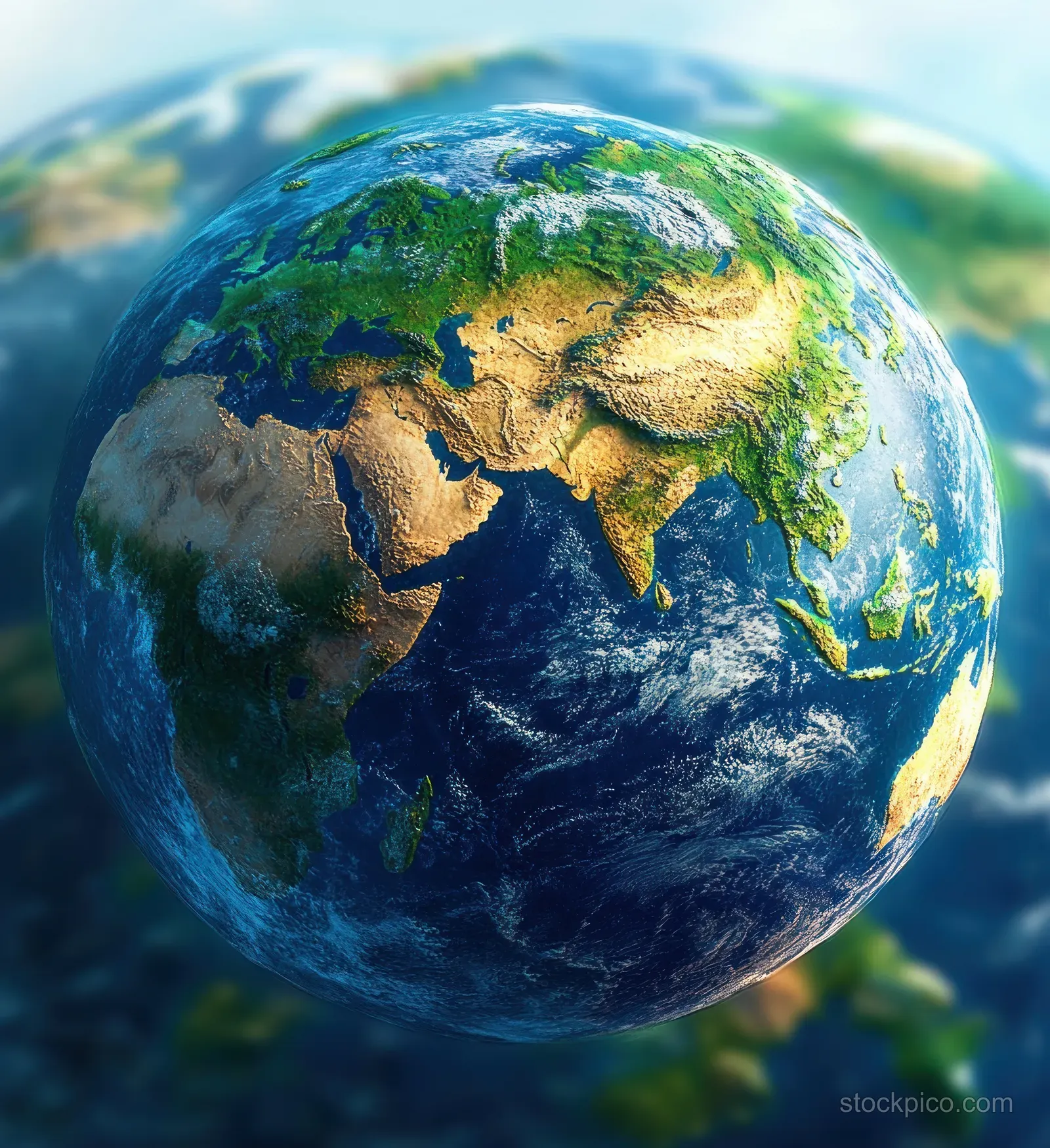 A 3D Earth globe with Europe and Africa visible beneath soft blue ocean and atmospheric glow.