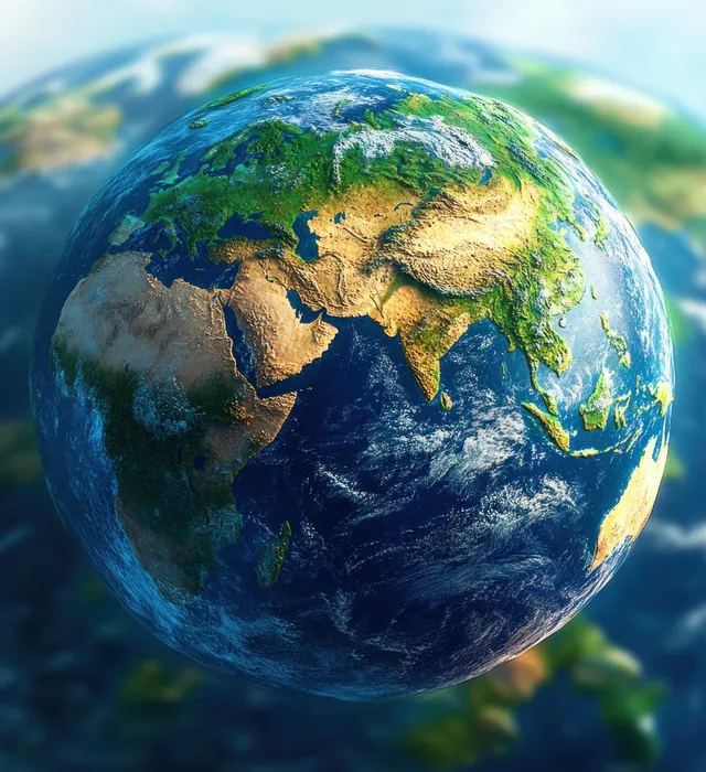 A 3D Earth globe with Europe and Africa visible beneath soft blue ocean and atmospheric glow.