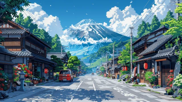 Anime Japanese street with traditional houses and a parked car leading toward snow mountains under a summer sky.