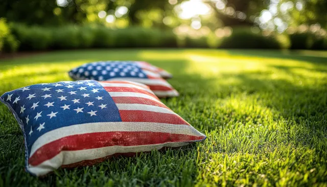 Two weathered star and stripe cushions lie on green grass in bright sunlight outdoors.