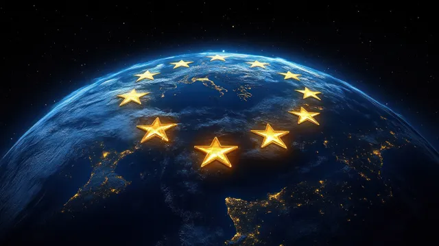 Satellite view of Earth at night with Europe illuminated and a golden star ring above the planet.