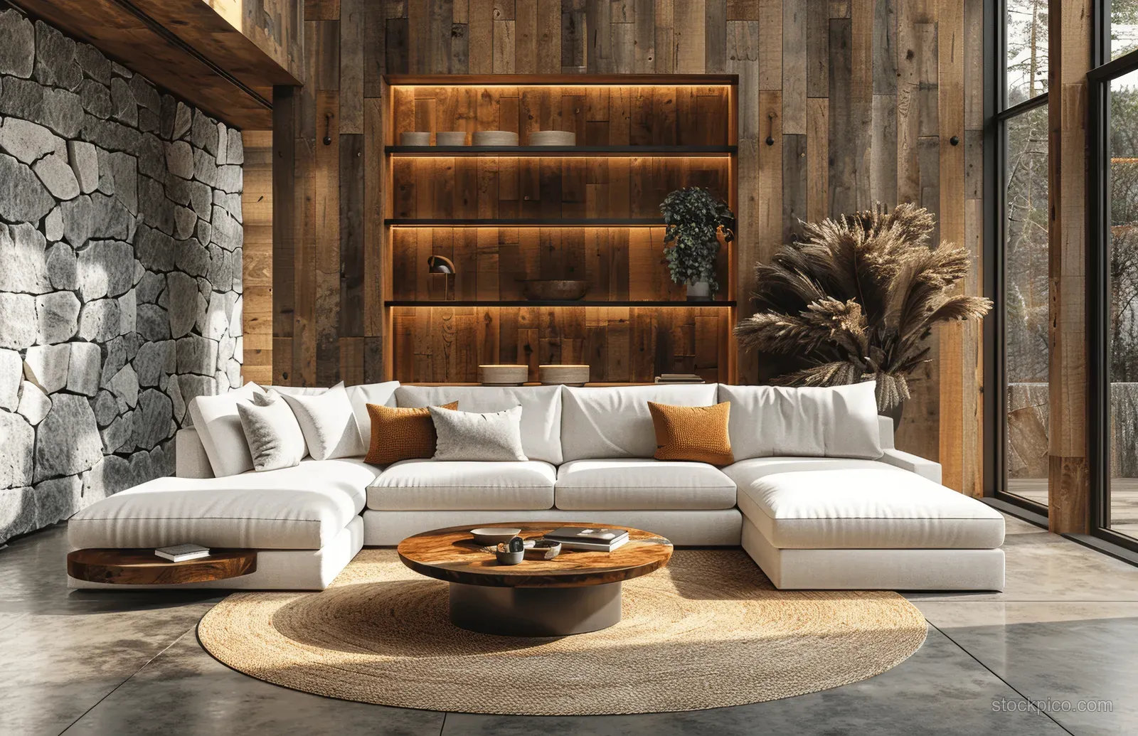 White sectional sofa sits in a minimalist living room with wooden slat wall and stone fireplace behind it.