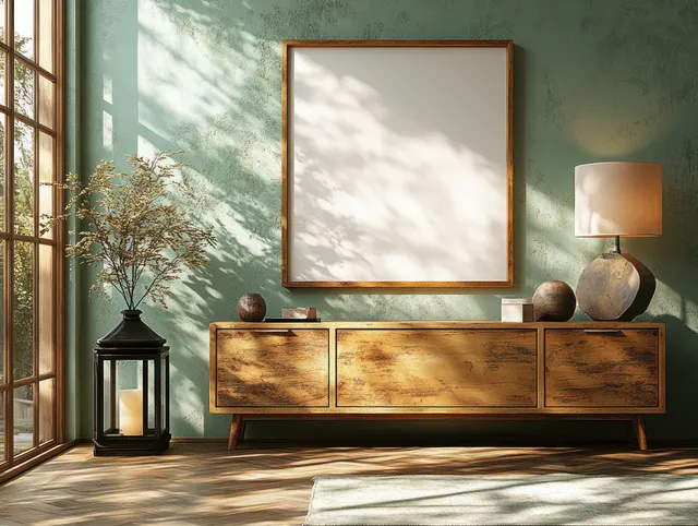 Blank square frame on a wooden sideboard with warm lantern and desk lamp lighting against a pastel green wall.