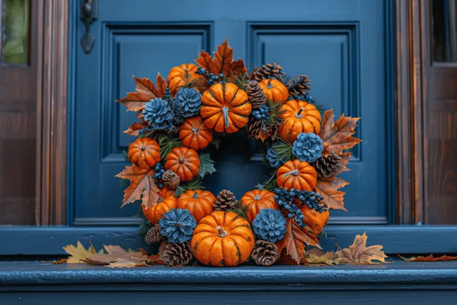 A pumpkin and pinecone fall wreath with orange leaves rests on steps beside a blue front door.