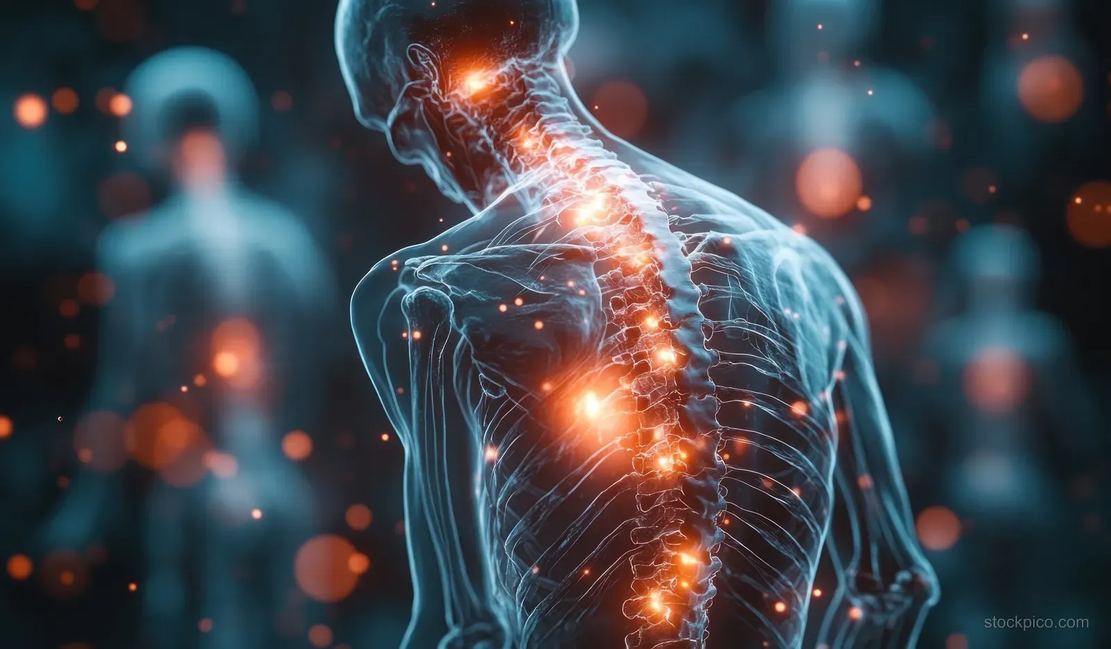 3D render of a human skeleton with glowing lumbar vertebrae against a blue, bokeh-lit background.
