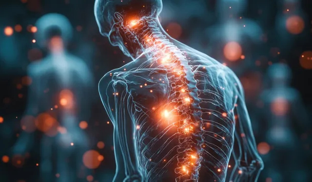 3D render of a human skeleton with glowing lumbar vertebrae against a blue, bokeh-lit background.