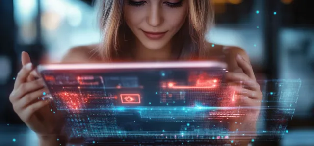 A person holds a tablet as neon cyberpunk UI overlays display data and AI conversation bubbles.