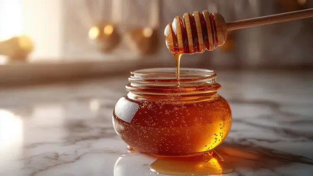 Golden honey drips from a wooden dipper into a clear glass jar on a marble countertop under warm morning light.
