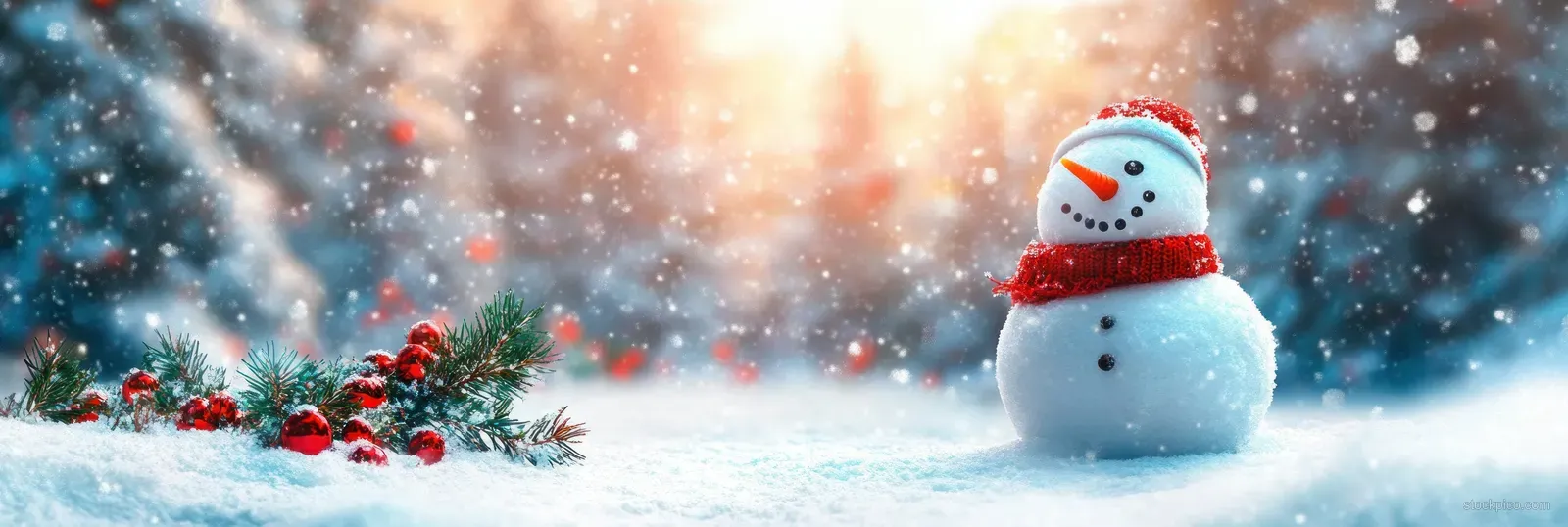 Whimsical snowman in snowy landscape with softly glowing Christmas lights and frosted greenery in the background.