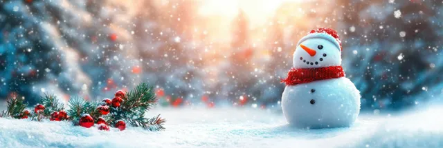 Whimsical snowman standing in snowy winter scene, glowing lights, Christmas trees