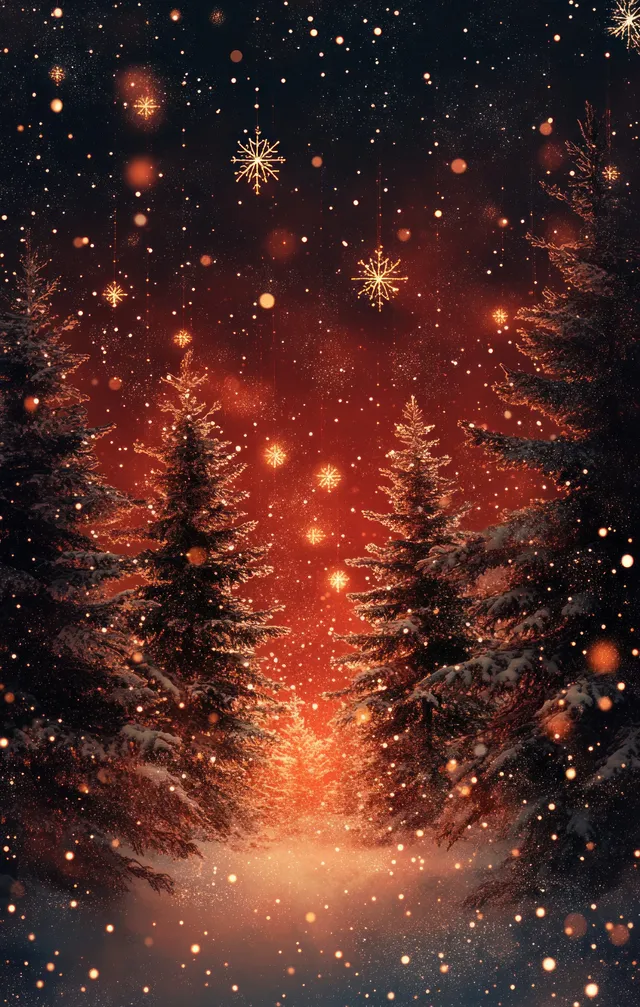 Snowy pine trees stand in a dark winter landscape as golden bokeh lights and falling snow glow over a red night horizon.