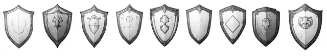 Row of ten medieval shields with worn heraldic crests on plain white background