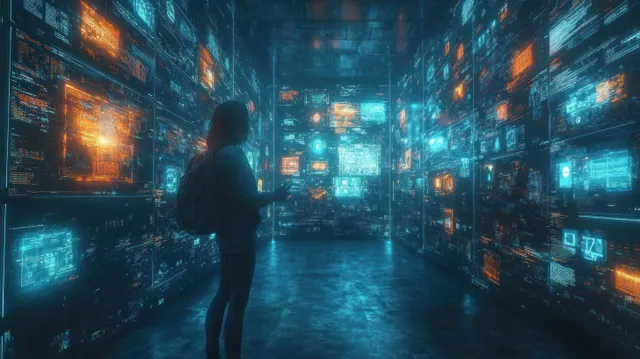 Silhouette in a holographic cyberpunk corridor surrounded by glowing neon data panels.