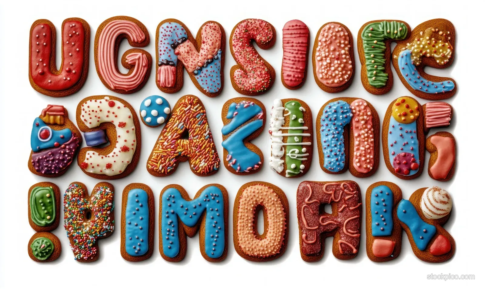 Rows of letter-shaped cookies with red, blue, and green icing and sprinkles spelling playful words.