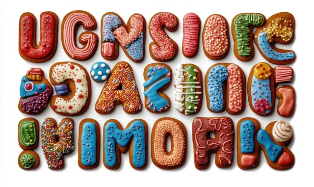 Rows of letter-shaped cookies with red, blue, and green icing and sprinkles spelling playful words.