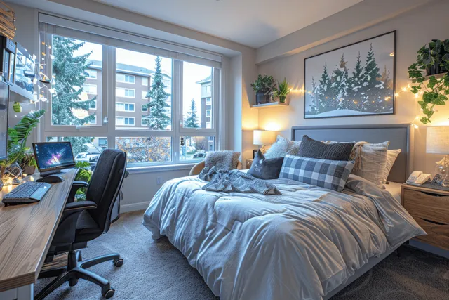 A minimalist teenage bedroom with a bed, desk, computer monitor, and plants beside a large daylight window.