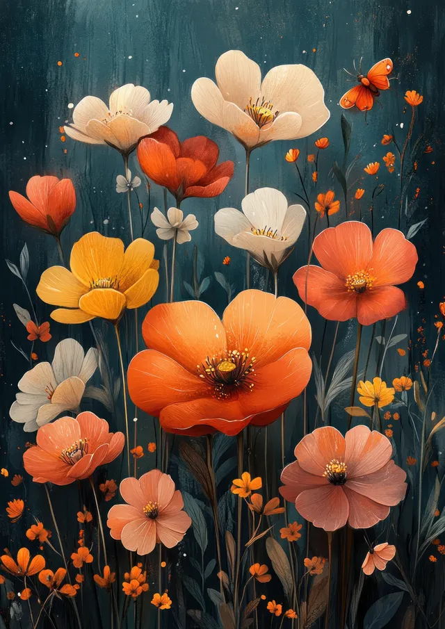 Tall orange and peach flowers with butterflies hover over a dark night garden background.