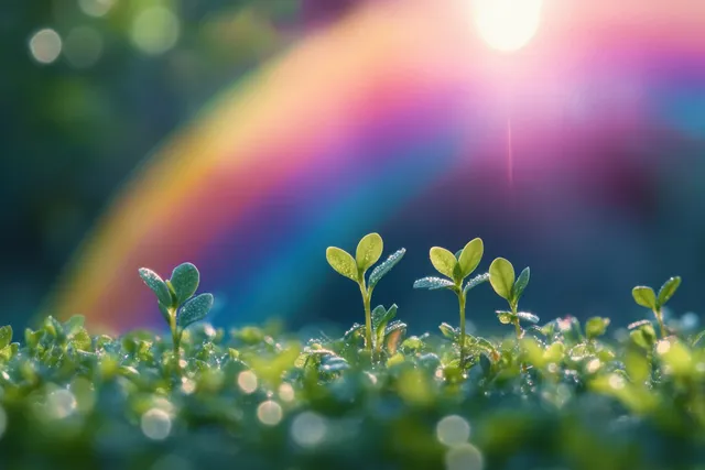 Green sprouts rise from mossy ground beneath a colorful rainbow and warm sunlight.