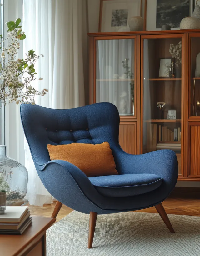 Blue armchair and glass cabinet in a bright Scandinavian living room with warm wood tones and sheer curtains.