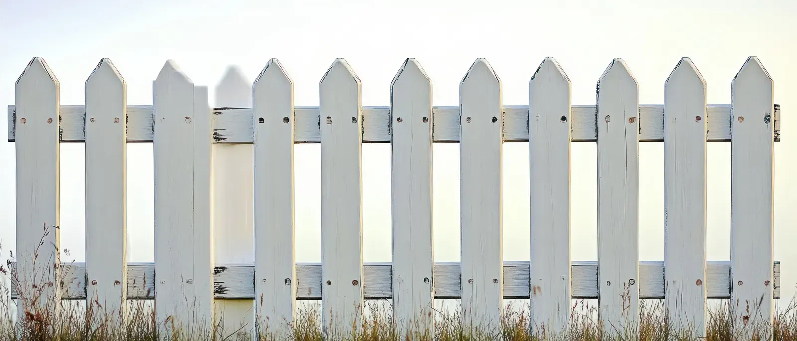 Weathered white picket fence with pointed tops stands behind dry grass beneath a clear blue sky.