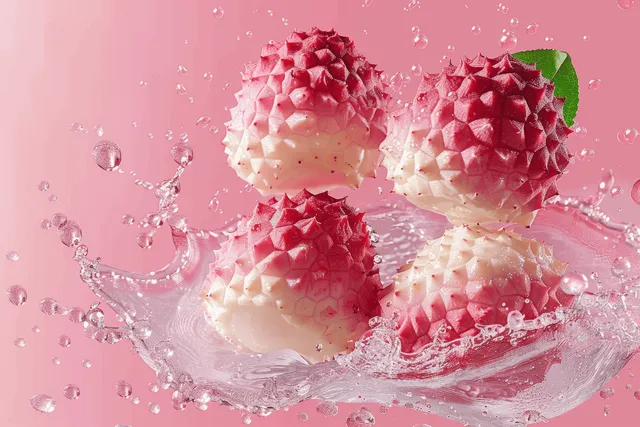 Lychee fruit splash with pink and white droplets on pastel background copy space with Minimal Background Design