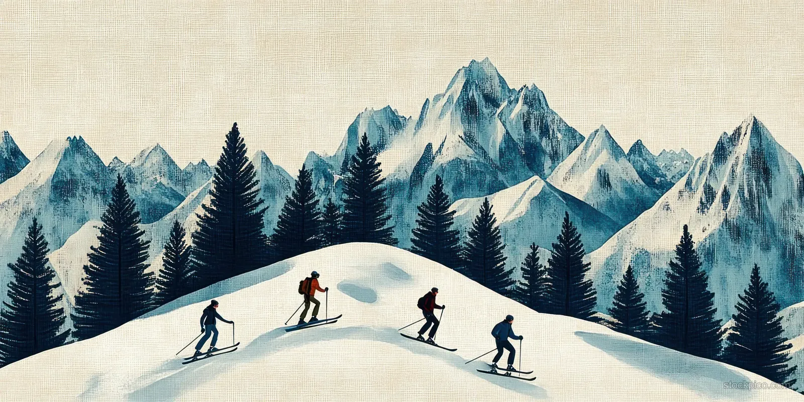 Four skiers trek uphill across a snowy slope with pine trees and dramatic mountain peaks in the background.